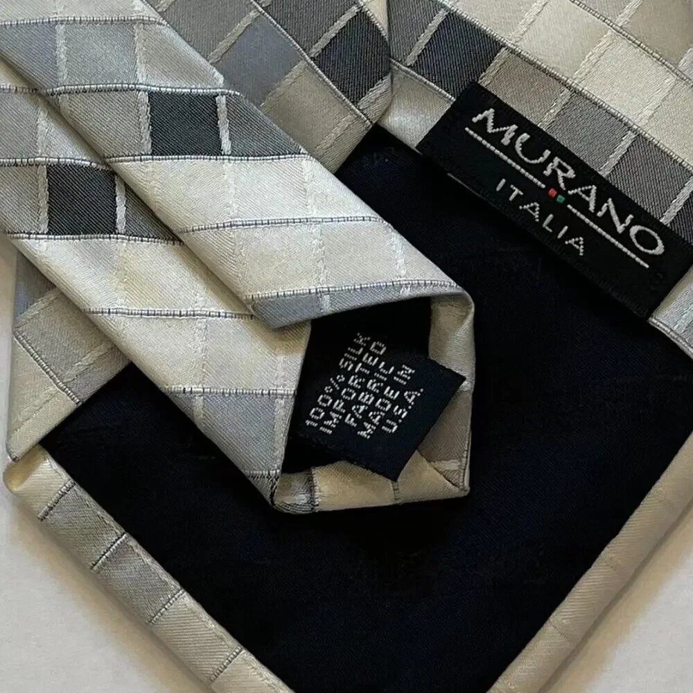 Murano Italy Gray, Ivory, Geometric Print Silk Tie, Y2K, 59.5 by 3.5